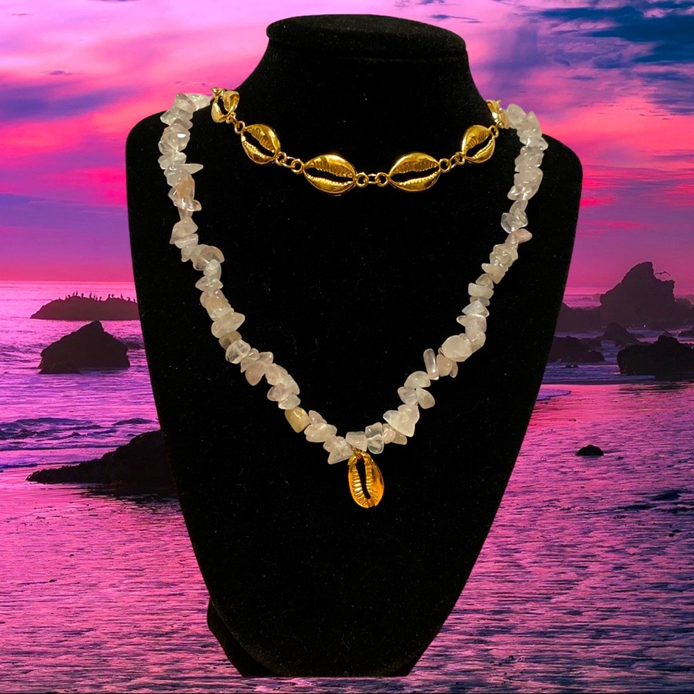 Golden Cowrie 🐚 Pink Quartz Layered Necklace